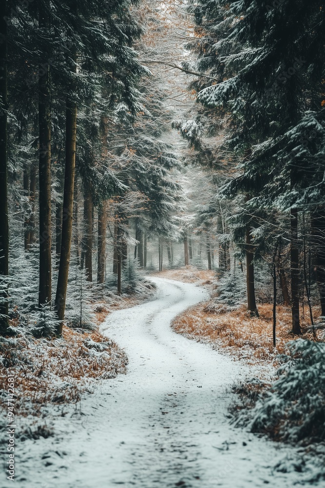 Poster A winding snow-covered path through a tranquil forest in winter, inviting exploration and serenity