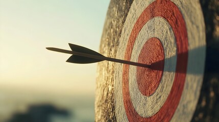 Conceptual image of an arrow hitting the bullseye of a target symbolizing successful achievement goal attainment and triumph over challenges  The design represents the power of focus precision