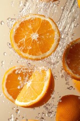 orange slices falling from top with transparent water splash