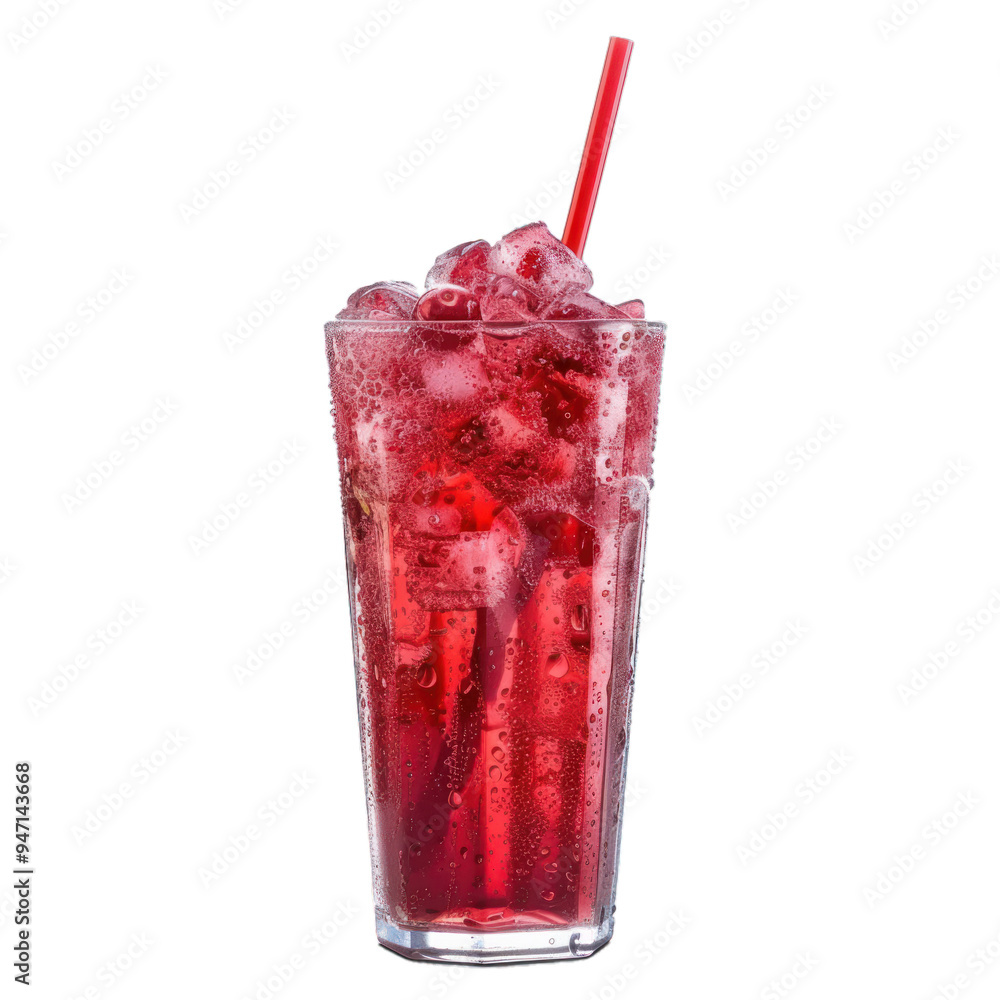 Poster glass of refreshing juice with ice cubes and a straw is standing on a white background