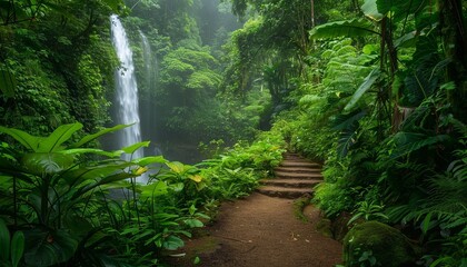 Fototapeta premium Lush Rainforest Waterfall Path