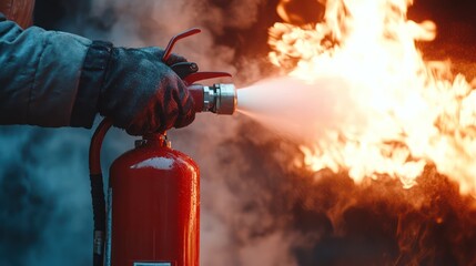Man using fire extinguisher fighting fire closeup