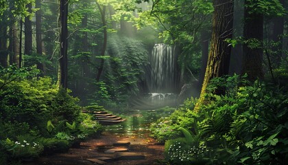 Obraz premium Magical Forest Waterfall Pathway