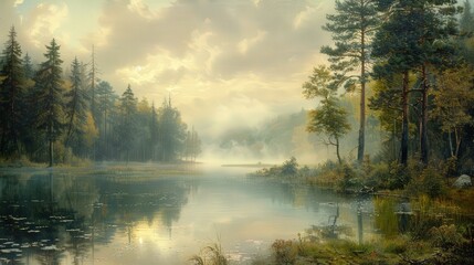 Misty Forest Lake with Sunlight and Clouds - Nature Photography