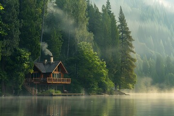 Fototapeta premium Misty Morning Cabin on the Lake with Smoke from the Chimney