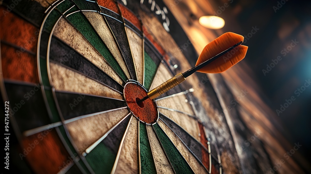 Poster conceptual image of a dart striking the center of a target symbolizing the achievement of goals obje