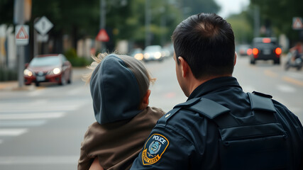 Fototapeta premium Back view of male police officer interacting with small toddler child in street. Generative AI