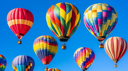 Naklejka premium A vibrant scene of multiple hot air balloons ascending in the air