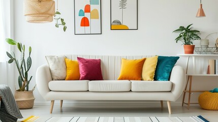 White Sofa with Colorful Pillows in Modern Living Room