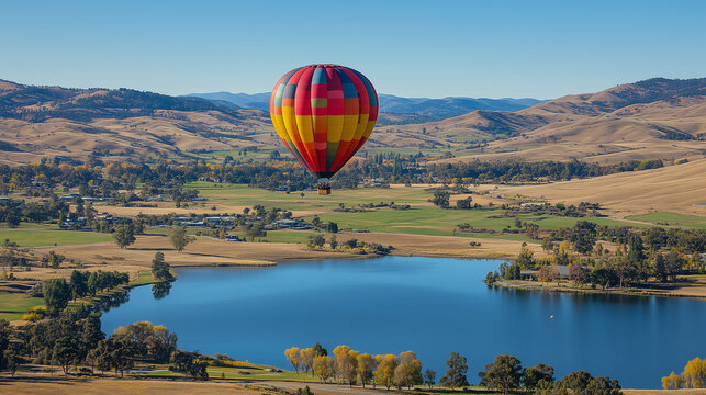 A wide-angle view of a hot air balloon drifting over a scenic landscape