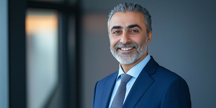 Headshot of a smiling middle-eastern man in a blue suit and tie, generative AI