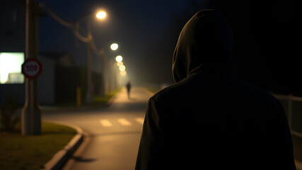 Fototapeta premium Back view of Night scene with man in hood following person. Concept for crime. Generative AI