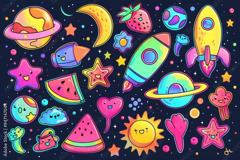 Poster A collection of cartoon space objects against a dark background, perfect for illustrations and designs