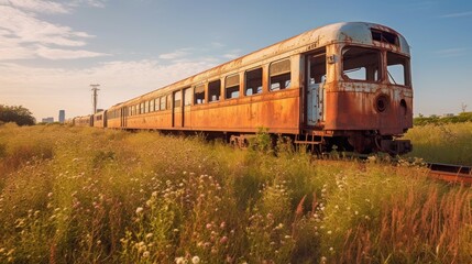 Obraz premium Rusty Train Wreck in a Field of Flowers