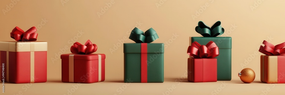Poster A collection of geometric Christmas gift boxes with vibrant ribbons and bows arranged neatly, creating a festive atmosphere. Generative AI