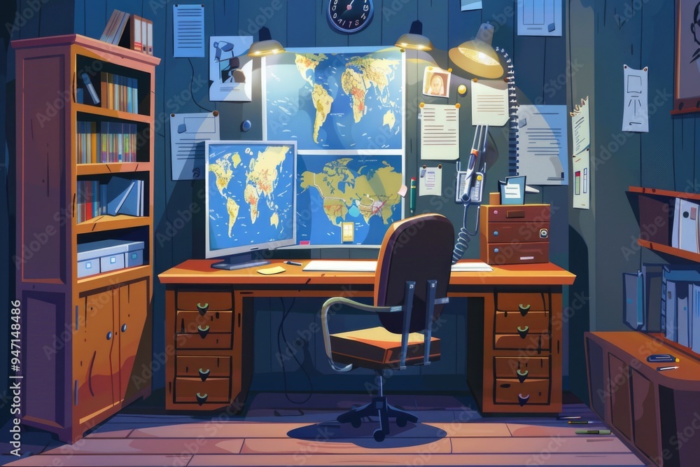 Poster a room with a desk, chair, bookshelf and a clock, perfect for studying or working