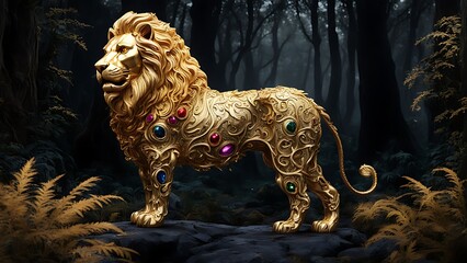 A majestic lion made of molten gold and precious gems, standing proudly in the middle of a dark, enchanted forest.