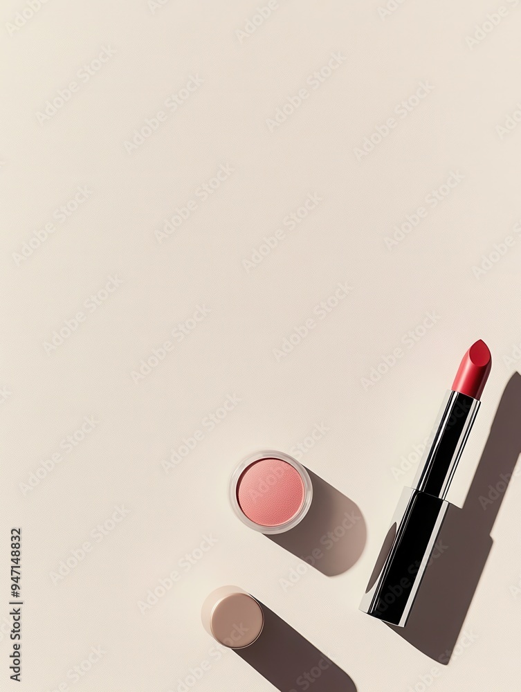 Poster a thoughtfully arranged set of cosmetics featuring a vibrant lipstick and soft powder on a light bac