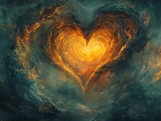 A stunning cosmic heart glowing in an abstract celestial background, representing love, warmth, and connection in the universe.
