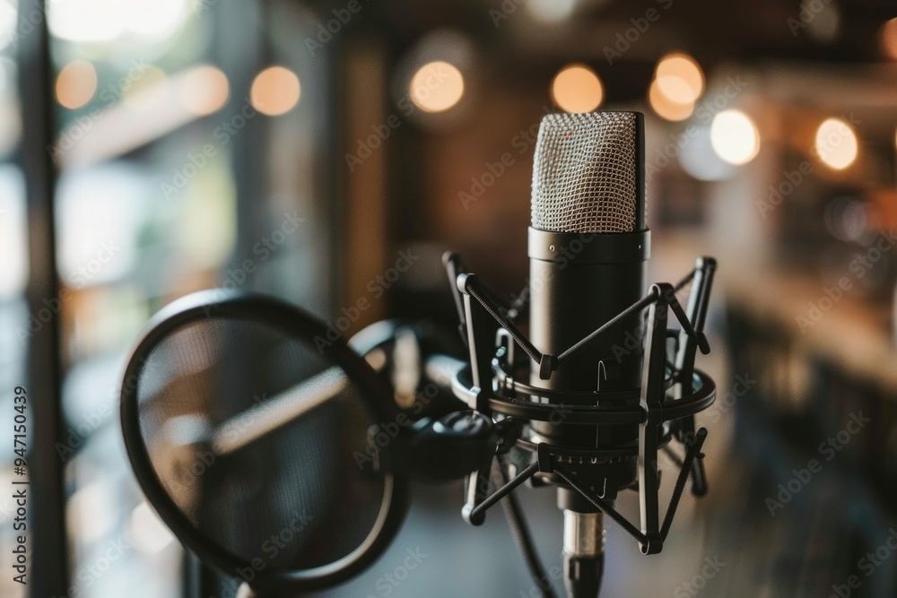 Poster Microphone in a recording studio with lights in the background, ideal for music or audio projects