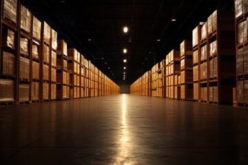 Fototapeta premium A vast and well-organized warehouse features tall shelves filled with goods, illuminated by overhead lights, creating a sense of depth and efficiency in storage.