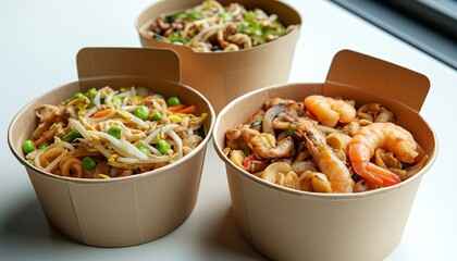 Pad Thai meal shrimp traditional food on paper bowl in white table