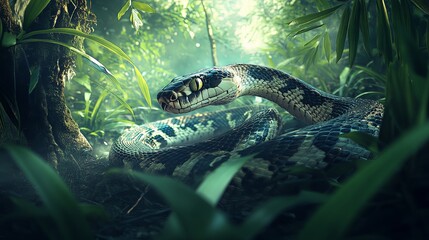 Green Snake Camouflaged In Rainforest Jungle