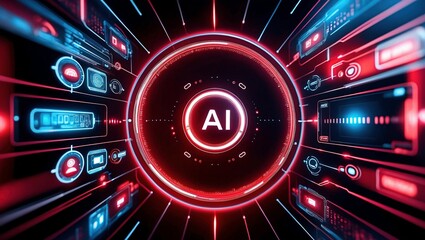 Digital interface displays advanced graphics while an artificial intelligence system analyzes information. Futuristic technology concept and digital security.