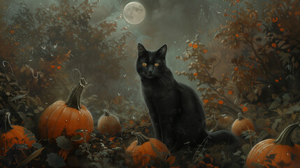 Fototapeta premium Black cat sitting among pumpkins in moonlit spooky Halloween scene