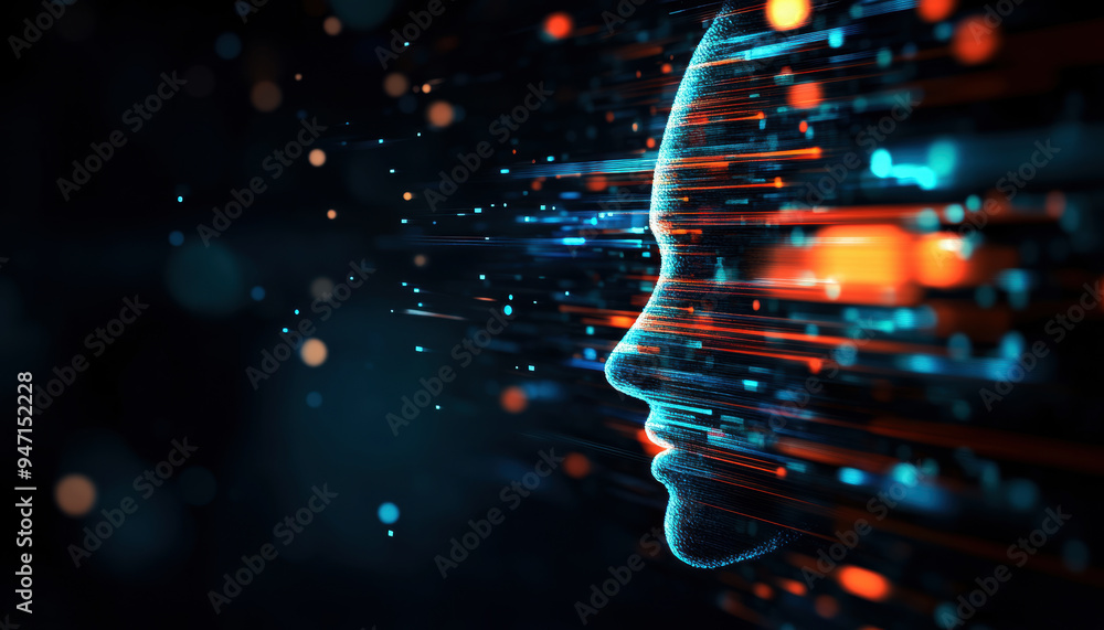 Poster a stunning visualization of a human face composed of dynamic neon lines and particles, representing 