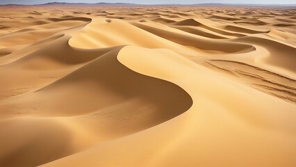 A sprawling desert landscape where the sand dunes are formed from flowing, golden ribbons, undulating like waves in the wind
