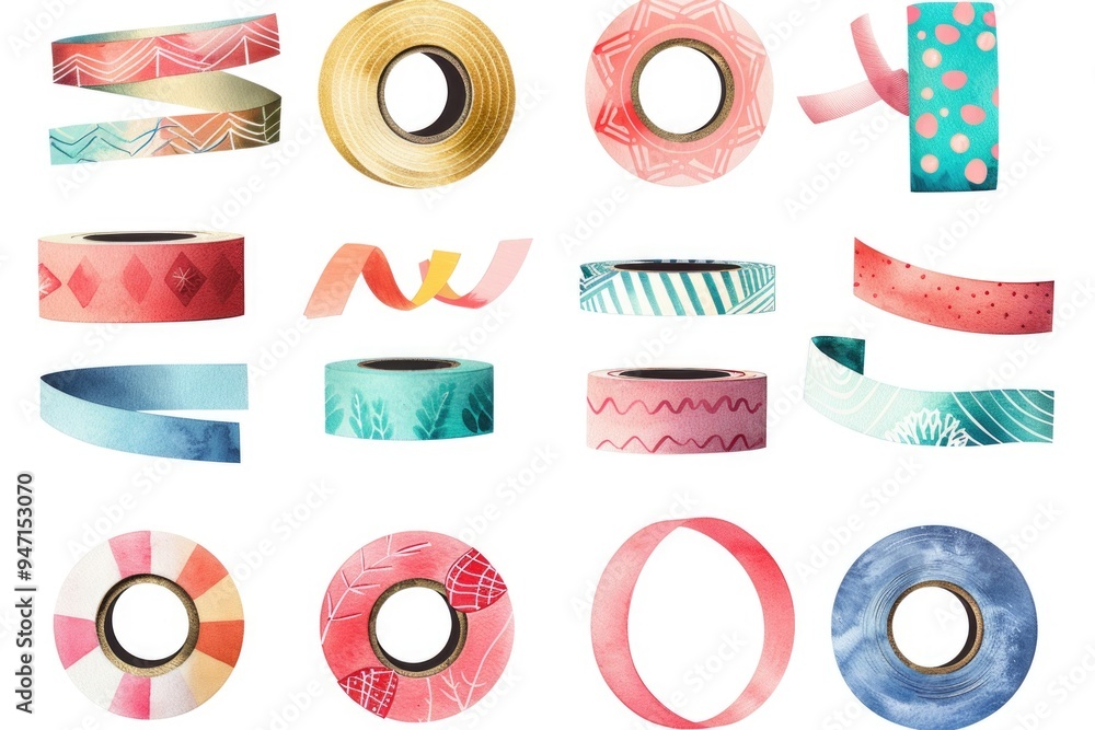 Poster a selection of colorful washi tapes on a clean white surface, perfect for crafting and diy projects