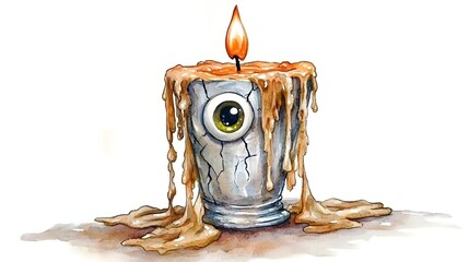 A Cracked Candle Holder Melting Slowly with Googly Eyes Drooping Down the Sides in Watercolor