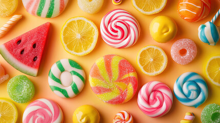 Colorful candies in yellow background. Wallpaper photo for desktop.