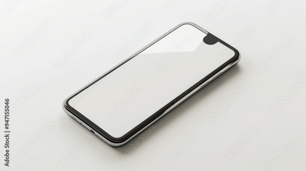 Poster a black and white cell phone placed on a white surface, suitable for tech-related or minimalist-them