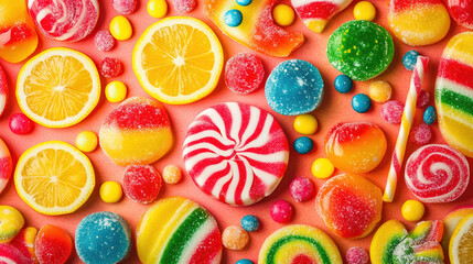 Colorful candies in yellow background. Wallpaper photo for desktop.