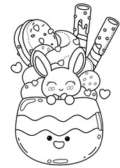 A cup of ice cream with cookies and wafer rolls and whipped cream, and a smiling bunny, coloring pages 
