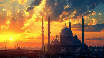 Naklejka premium A Grand Mosque Silhouette Against a Fiery Sunset Sky