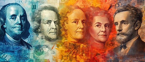 Obraz premium A colorful illustration featuring famous historical figures on currency, representing wealth and value in society.