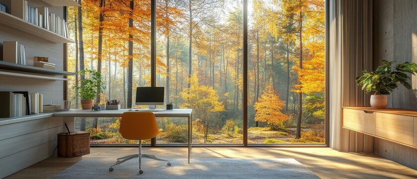 A modern workspace features a desk with a view of a vibrant autumn landscape through large windows, creating a serene atmosphere.