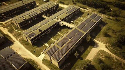 Aerial View of Eco Friendly Modern Military Base with Solar Panels and Green Technology