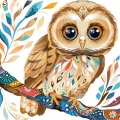 Obraz premium Colorful owl illustration with decorative patterns, cute bird art, whimsical nature-inspired design