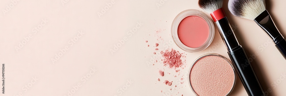 Poster Cosmetic products including lipstick, brushes, and powder are neatly arranged on a soft light background, creating a stylish display. Generative AI