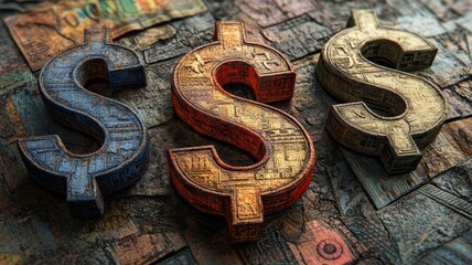 Colorful dollar signs symbolize wealth and finance on a textured background, perfect for finance-related themes and concepts.