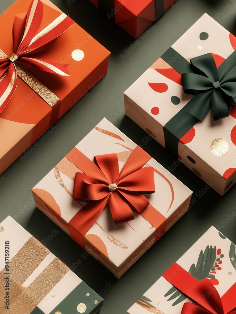 Poster beautifully designed christmas gift boxes in geometric shapes feature vibrant ribbons and bows, crea
