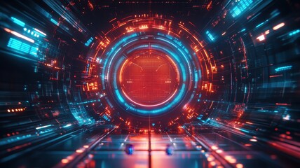 Obraz premium Futuristic tunnel with vibrant blue and red lights, creating a surreal tech atmosphere for sci-fi concepts and digital art.