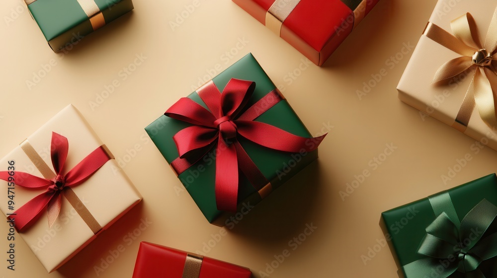 Poster brightly colored gift boxes with elegant ribbons and bows, showcasing a minimalist design ideal for 