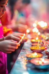 People lighting candles and placing offerings on a memory shrine at a vibrant festival, Festival Offering, Honoring ancestors