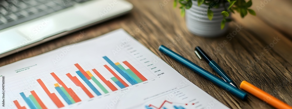 Poster analytical financial charts on desk with ample space for text