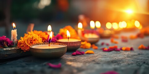 Obraz premium Traditional festival altar with vibrant offerings and candles, symbolizing collective memory, Memory Festival, Cultural tribute